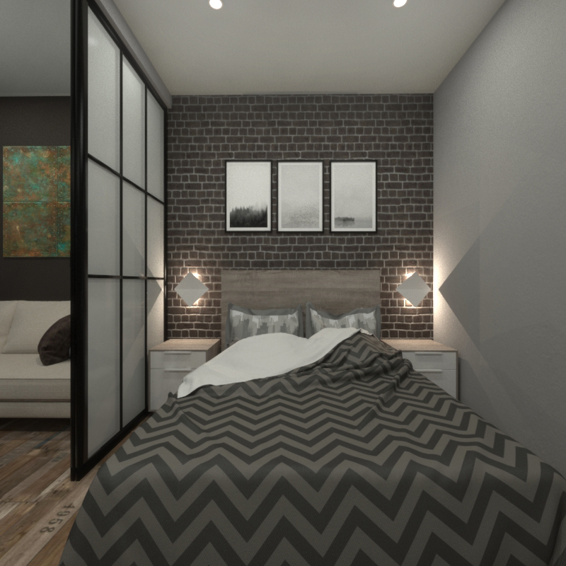 Дизайн спальни в малогабаритной однокомнатной квартире в стиле лофт. Вариант 3.